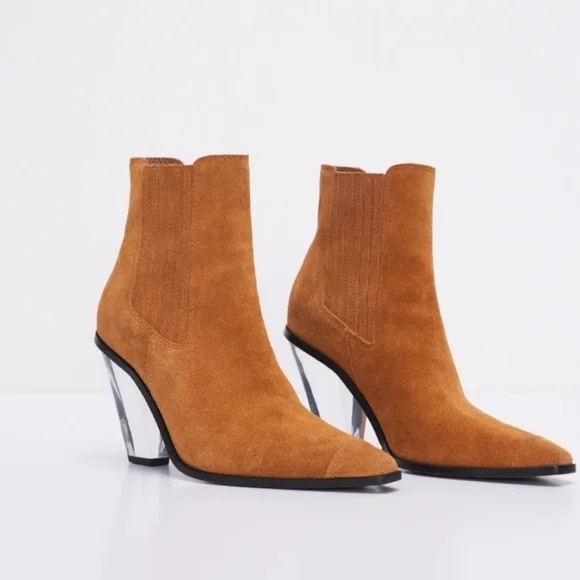 Good American Shoes - Good American Tan Ankle Boots with Clear Heels